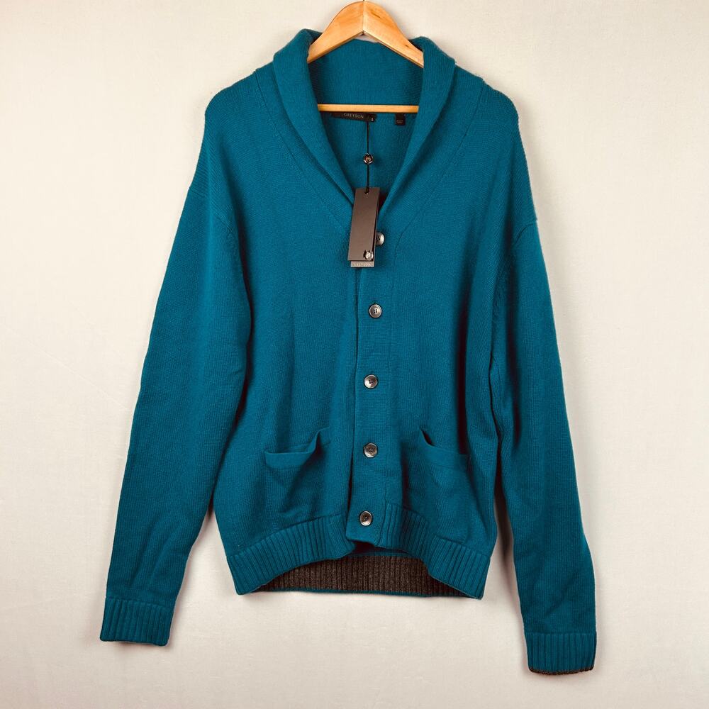 Greyson Ottawa Shawl Collar Cardigan Sweater Wool/Cashmere Orca Blue Mens Size L
